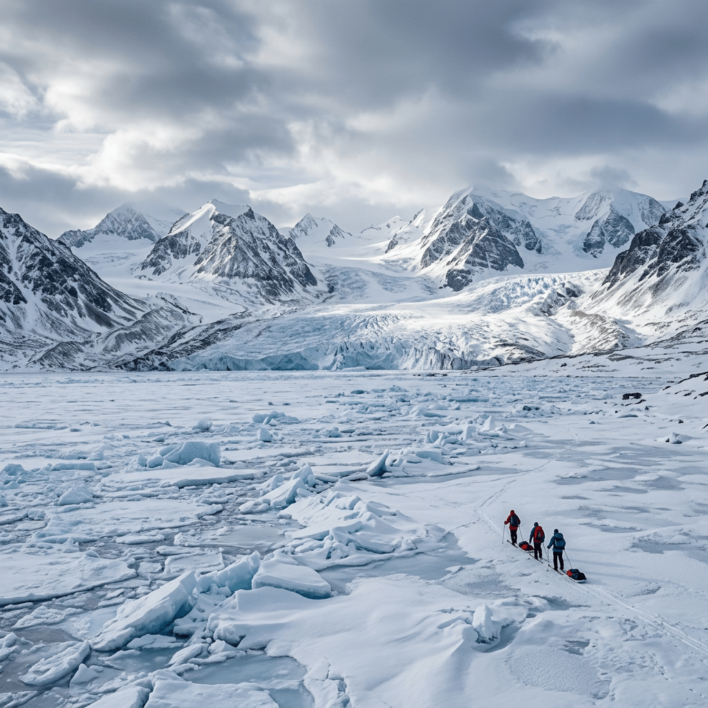 Three people pulling sleds across an icy glacier beneath snow-covered mountains
